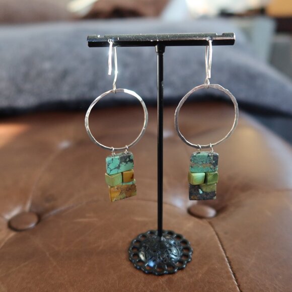 Turquoise and hammered sterling silver earrings by Dana Reed Designs 2.75" drop - Picture 4 of 13
